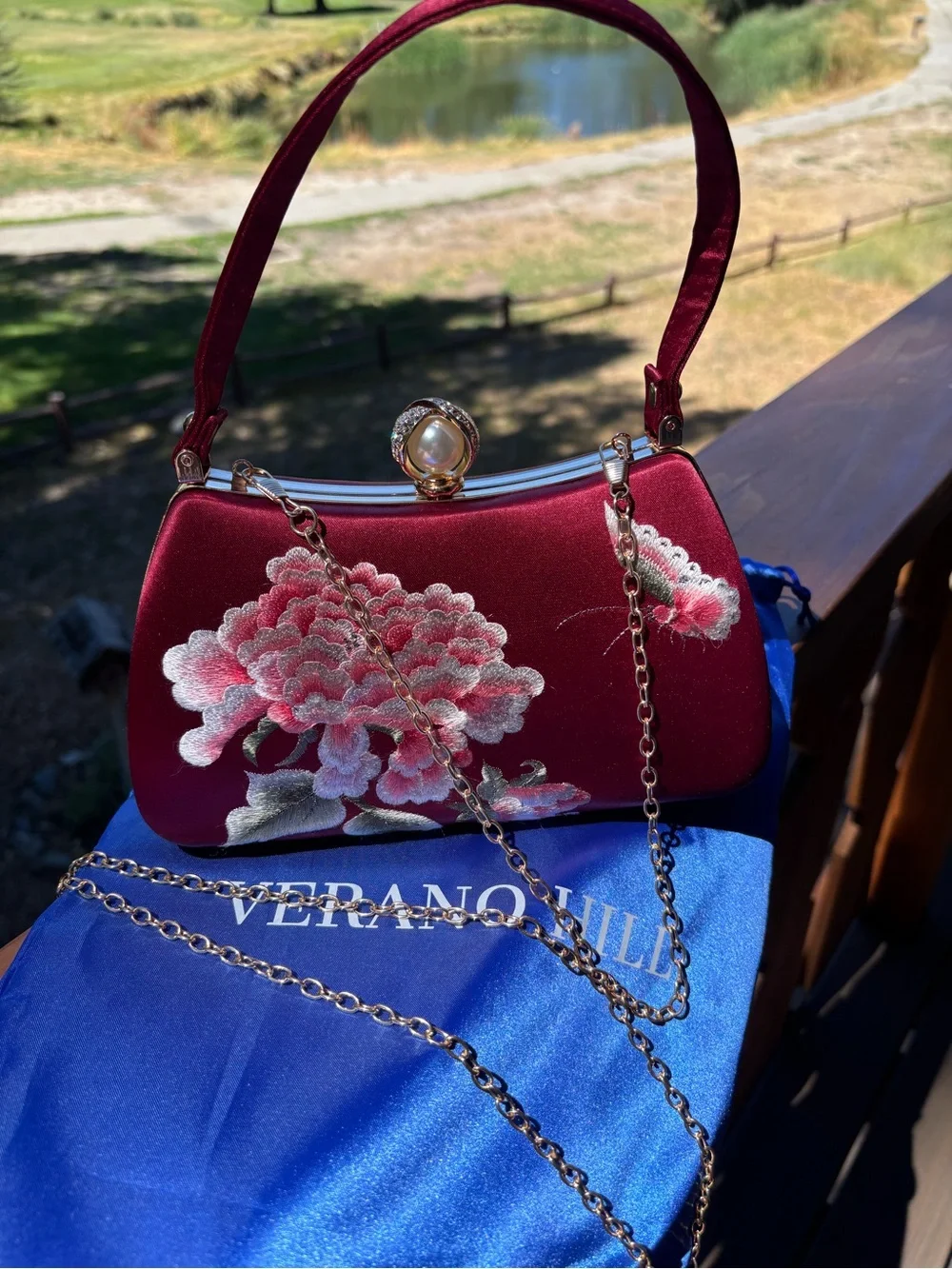 Verano Hill Red Satin Floral Top-Handle Evening Bag & Crossbody chain